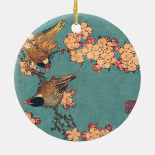 Birds and Flowers Japanese Art Pink Floral Ceramic Ornament
