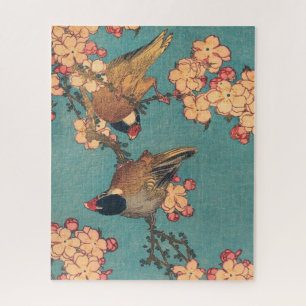 Birds and Flowers Japanese Art Pink Floral Jigsaw Puzzle