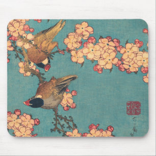 Birds and Flowers Japanese Art Pink Floral Mouse Pad