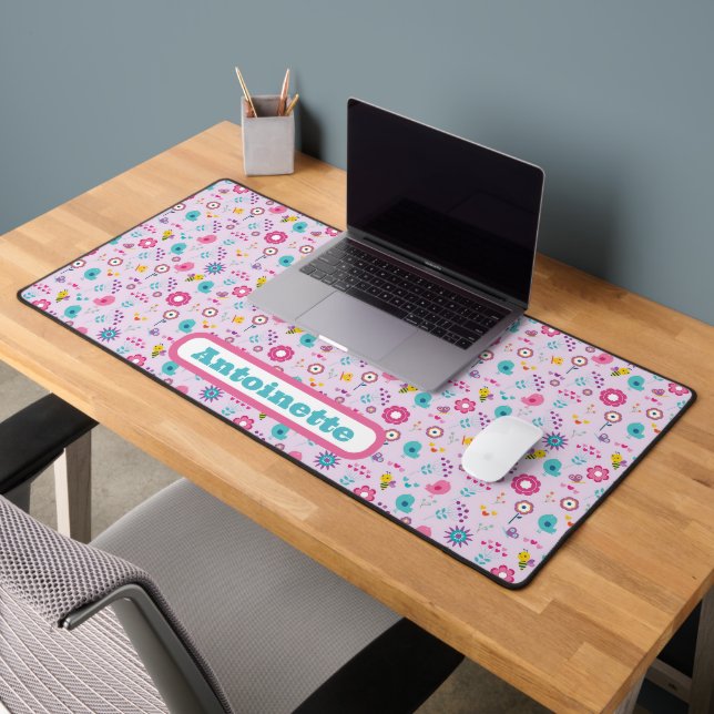 Birds and Flowers Pastel Pattern Your Name Desk Mat (Office 2)