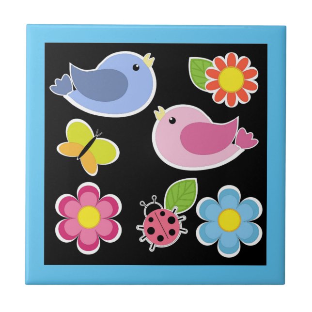 BIRDS AND FLOWERS PATTERN CERAMIC TILE (Front)