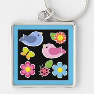 BIRDS AND FLOWERS PATTERN KEY RING