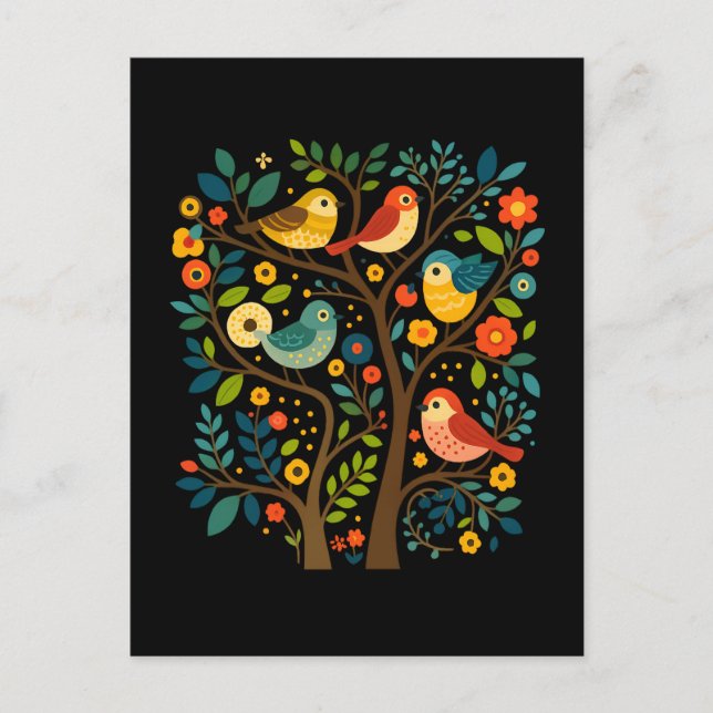 Birds and Flowers Scandinavian Folk Art Holiday Postcard (Front)