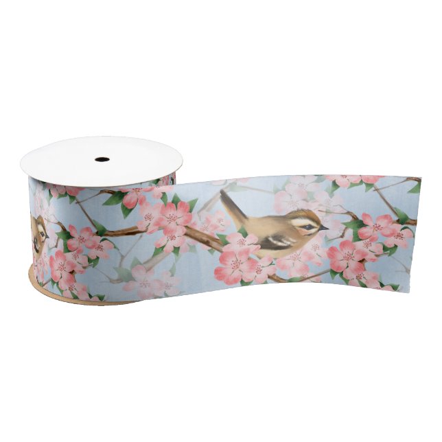 Birds and flowers. Spring gardern pattern Satin Ribbon (Spool)