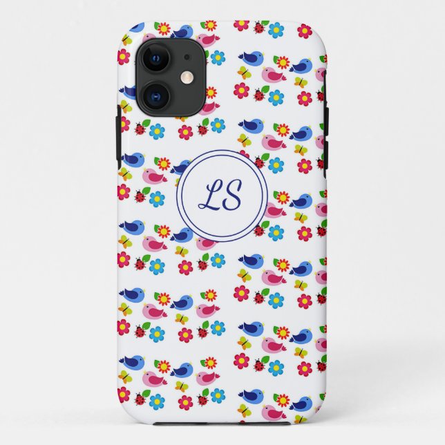 Birds and flowers spring pattern white Case-Mate iPhone case (Back)