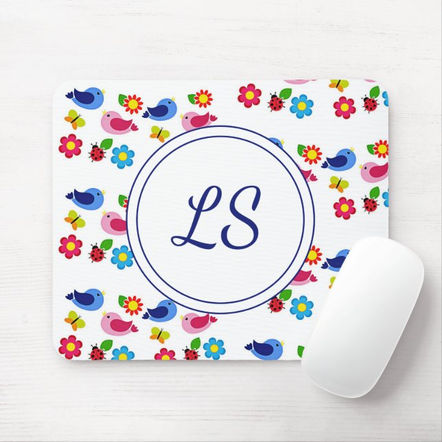 Birds and flowers spring pattern white mouse pad (With Mouse)