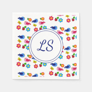 Birds and flowers spring pattern white napkin