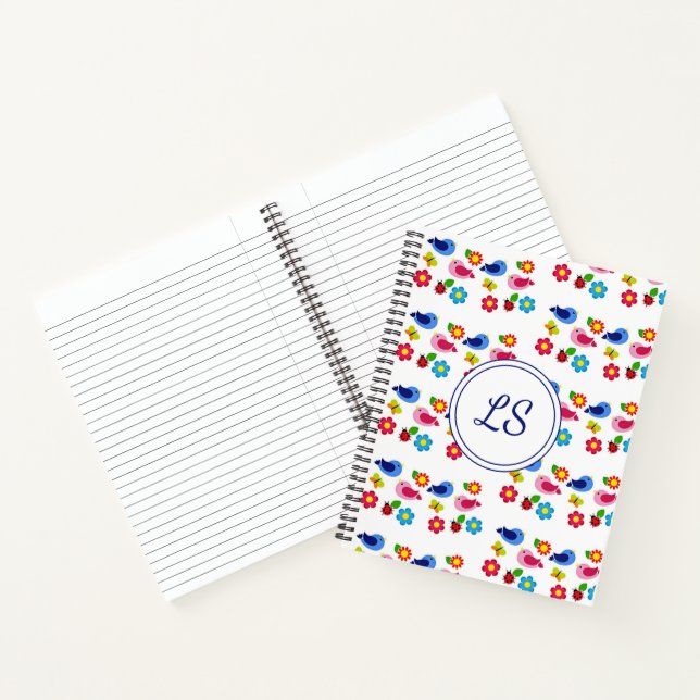 Birds and flowers spring pattern white notebook (Inside)
