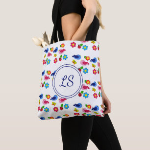 Birds and flowers spring pattern white tote bag