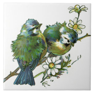 Birds and Flowers White Ceramic Tile