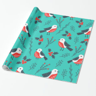 Birds and Holly Berry Christmas Pattern Wrapping Paper