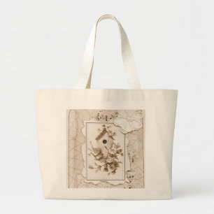 Birds And House Shabby Chic Large Tote Bag