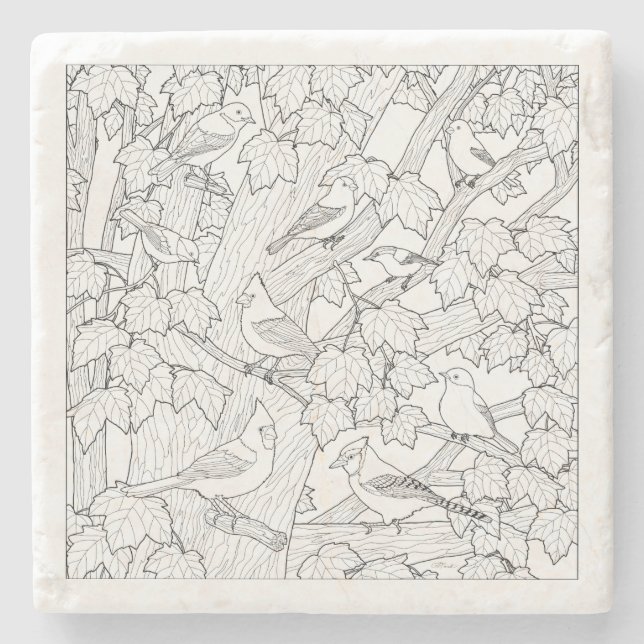Birds and Maple Tree U-Colour Stone Coaster (Front)