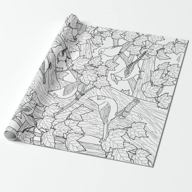Birds and Maple Tree U-Colour Wrapping Paper (Unrolled)