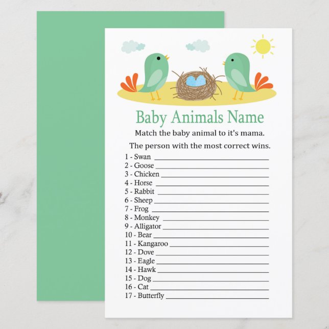 Birds and nest Baby Animals Name Game (Front/Back)