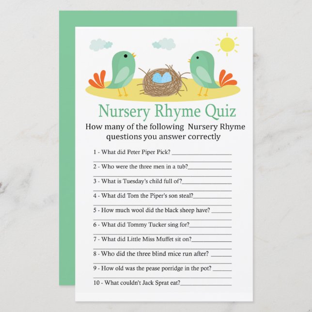 Birds and nest Nursery Rhyme Quiz baby shower game (Front/Back)