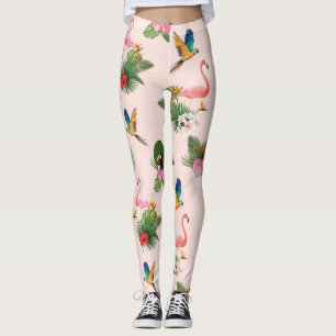 Birds and Palm Tree Leaves Pattern Leggings