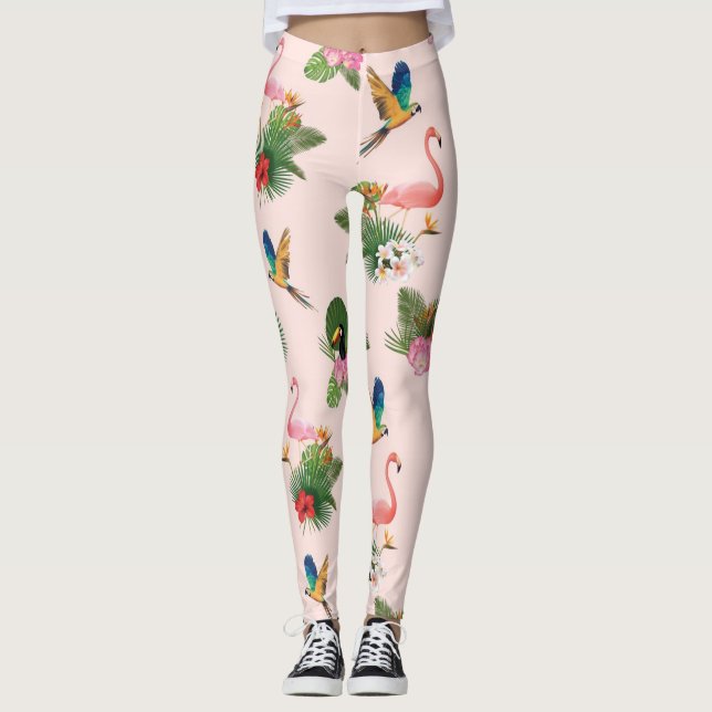 Birds and Palm Tree Leaves Pattern Leggings (Front)