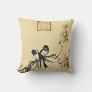 Birds And Peach Blossoms by Giuseppe Castiglione Cushion