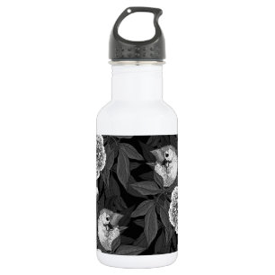 Birds and peony flowers monochrome, grey 532 ml water bottle