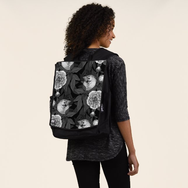 Birds and peony flowers monochrome, grey backpack (Worn)