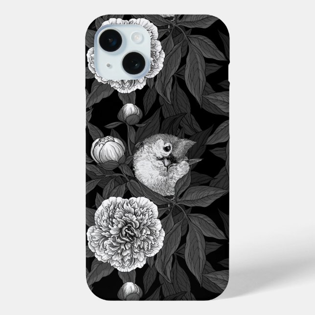 Birds and peony flowers monochrome, grey Case-Mate iPhone case (Back)