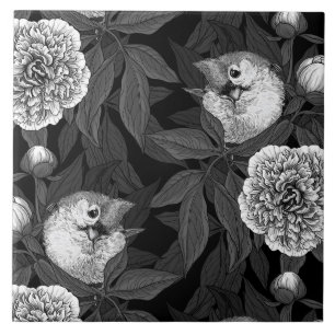 Birds and peony flowers monochrome, grey ceramic tile