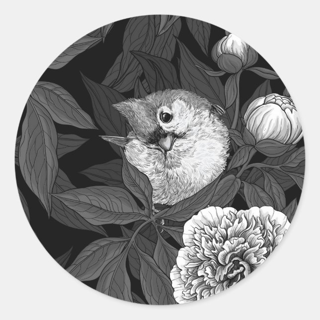 Birds and peony flowers monochrome, grey classic round sticker (Front)