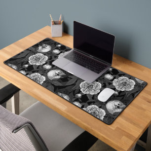 Birds and peony flowers monochrome, grey desk mat