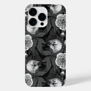 Birds and peony flowers monochrome, grey iPhone 14 pro max case