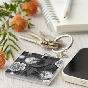 Birds and peony flowers monochrome, grey key ring