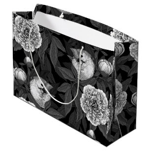 Birds and peony flowers monochrome, grey large gift bag