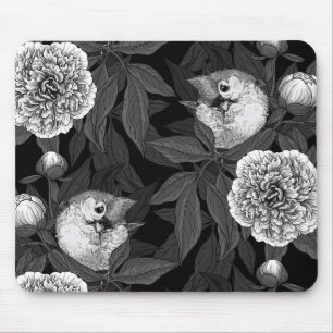 Birds and peony flowers monochrome, grey mouse pad