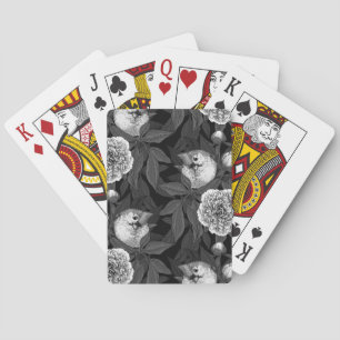 Birds and peony flowers monochrome, grey playing cards