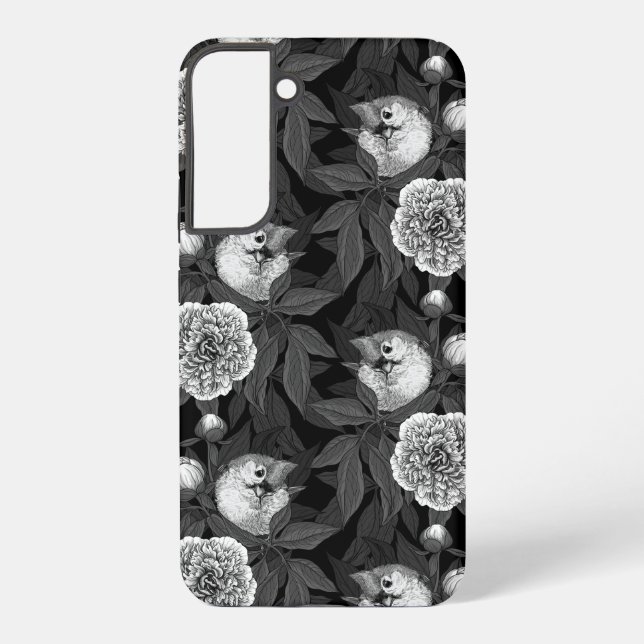 Birds and peony flowers monochrome, grey samsung galaxy s22+ case (Back)