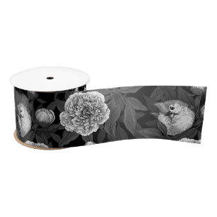 Birds and peony flowers monochrome, grey satin ribbon