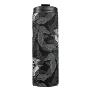Birds and peony flowers monochrome, grey thermal tumbler
