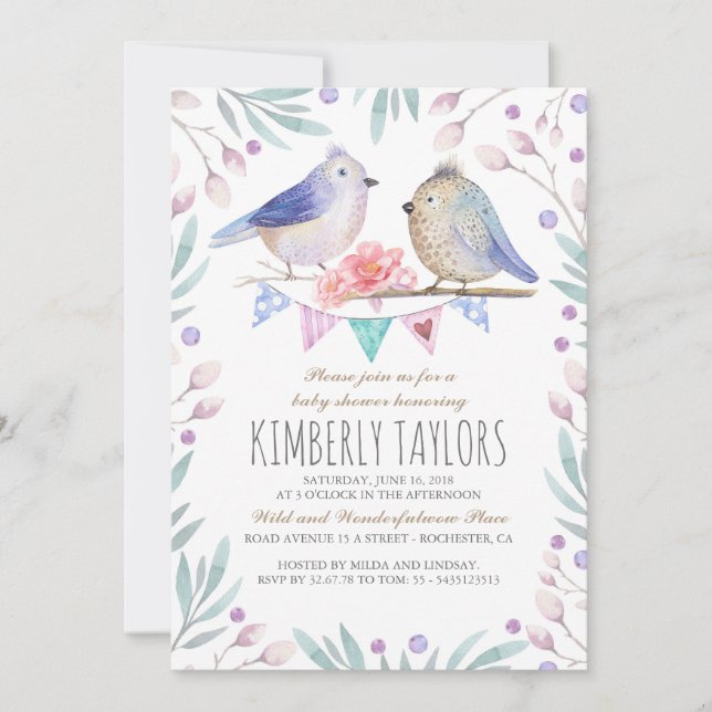 Birds and Pink Flowers Woodland Baby Shower Invitation (Front)