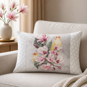 Birds and Pink Magnolia Blossoms Lumbar Cushion