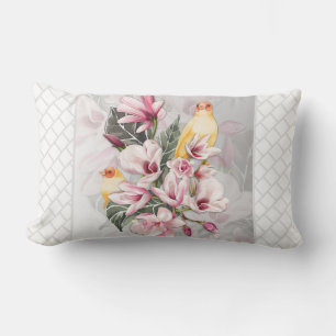 Birds and Pink Magnolia Blossoms Lumbar Cushion