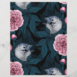 Birds and pink peony flowers with leaves