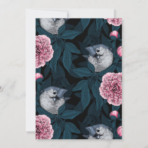 Birds and pink peony flowers with leaves