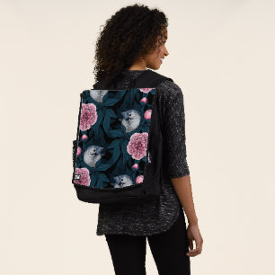 Birds and pink peony flowers with leaves backpack