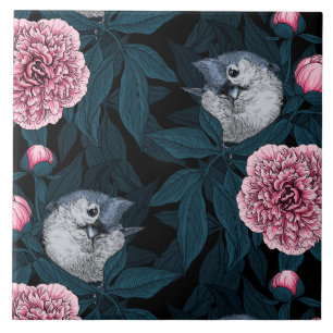 Birds and pink peony flowers with leaves ceramic tile