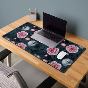 Birds and pink peony flowers with leaves desk mat