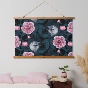 Birds and pink peony flowers with leaves hanging tapestry