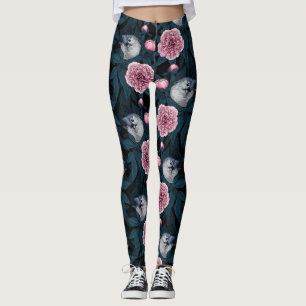 Birds and pink peony flowers with leaves leggings