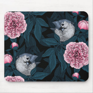 Birds and pink peony flowers with leaves mouse pad