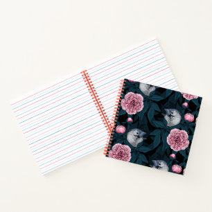 Birds and pink peony flowers with leaves notebook