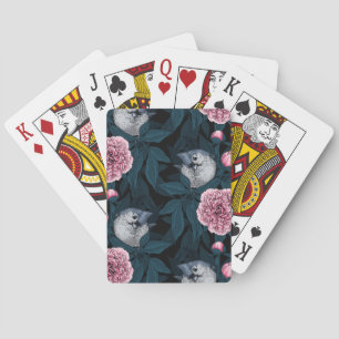 Birds and pink peony flowers with leaves playing cards